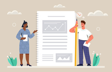Project management concept. Man and woman stand next to document. Colleagues explore data, analytical department. Graphs, charts and working with statistics. Cartoon flat vector illustration