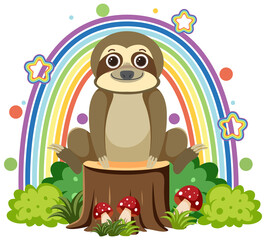 Cute sloth on stump in flat cartoon style