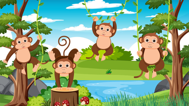 Monkey group in the forest background