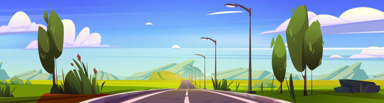 Highway at summer mountains landscape. Panoramic nature background empty road with markup. Two-lane asphalted straight way, rocks, trees and green field perspective view, Cartoon vector illustration