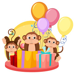 Obraz na płótnie Canvas Three monkeys with gift boxes and balloons