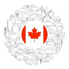 Circle frame with icons of agriculture and farming and flag of Canada. Illustration or background for eco products and agricultural presentation.