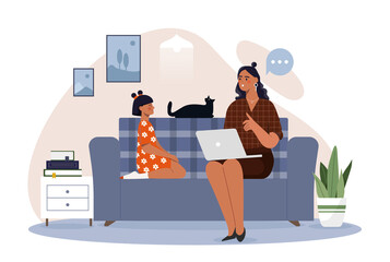 Remote work concept. Woman sits on couch with laptop on her lap. Mother and daughter, freelancer or remote employee working on project. Workplace in apartment. Cartoon flat vector illustration