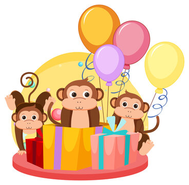 Three monkeys with gift boxes and balloons