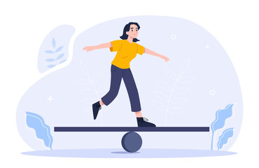 Stability in life concept. Girl walks along thin stick standing on roller. Metaphor of mental health and strong psychology. Self confident character passes test.. Cartoon flat vector illustration