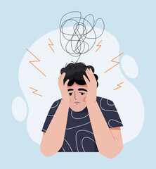 Guy in stress. Boy put his head in his hands, depression and frustration. Mental health and psychological problems, loneliness and confusion, difficulties in life. Cartoon flat vector illustration - obrazy, fototapety, plakaty