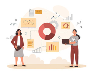 Women work with statistics. Girls with laptop evaluating charts and graphs, employees of analytical department preparing presentation. Expenses and income of company. Cartoon flat vector illustration
