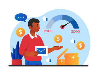 Credit assessment concept. Guy being checked in bank, income assessment. Investing and financial literacy. Working with statistics, analyzing salary information. Cartoon flat vector illustration