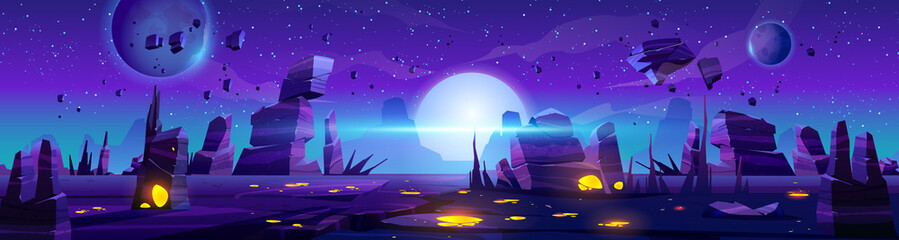 Alien night planet landscape, space game panoramic background with flying rocks, planets in stars in dark sky. Extraterrestrial glowing liquid plasma spots in cracked land, Cartoon vector illustration © klyaksun