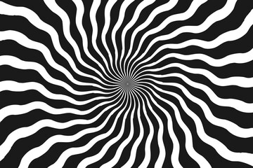 White and black psychedelic optical illusion abstract background with rays, vector illustration
