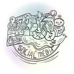 Sketchy vector hand drawn Doodle art cartoon set of objects and symbols on the Social Media theme