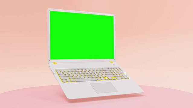 Laptop Mock-Up white color Animation on pink background. Designed in pastel tones. Minimal idea concept. Green screen, 3D Render.