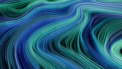 Wavy Neon Background with Blue, Purple and Green Streaks. 3D Render.