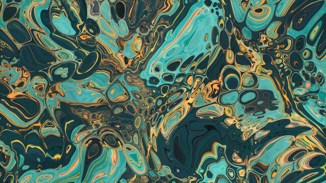 Paint Swirls in Beautiful Turquoise and Yellow colors, with Gold Glitter. Luxurious Art Background.