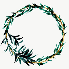 Watercolor frames with bamboo branches.Asian motifs. For wedding invitation.Green rosemary branches round frame on white background. 