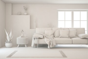 Mock up of minimalist living room in white color with sofa. Scandinavian interior design. 3D illustration