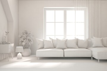 White minimalist living room with sofa. Scandinavian interior design. 3D illustration