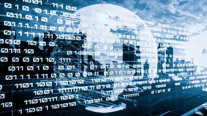 Smart transportation in tacit futuristic city with online traffic control system . Concept of smart digital transformation and technology disruption that changes global trends in new information era .