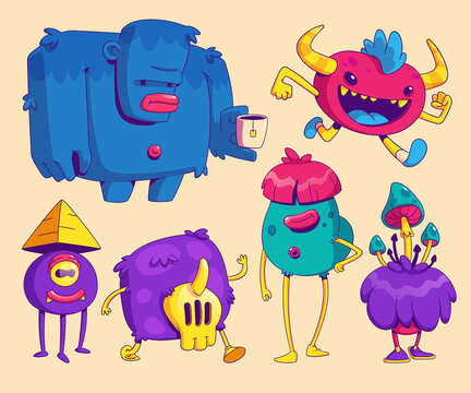 Cute monsters in trendy contemporary art style. Vector cartoon set of funny comic creatures, alien furry animals with teeth, horns, mushrooms and pyramid on head