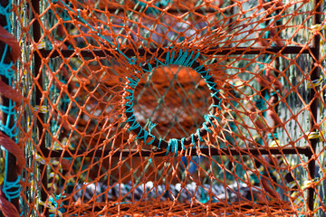 Colorful fishing lobster and crab baskets with blue and orange nets