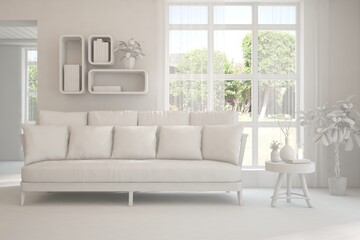 Mock up of stylish room in white color with sofa and green landscape in window. Scandinavian interior design. 3D illustration