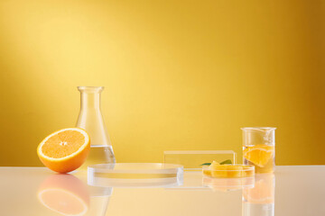 Front view of orange decorated with glassware and transparent podium in yellow background 