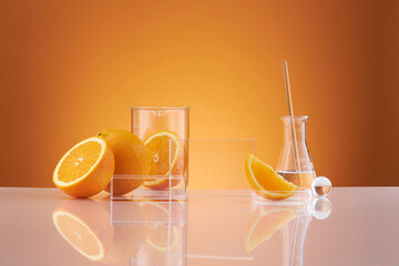 Front view of orange decorated with glassware and transparent podium in brown background 