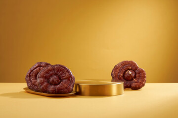 Front view of lingzhi mushroom in yellow background 