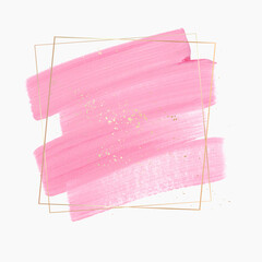 Pink brush paint creative background with golden frame and golden dust over. Isolated. Vector banner.