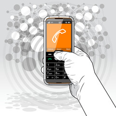 A held feature phone receiving a phone call set against a grid mobile network. This device allows voice connection with family, friends and colleagues across the world.