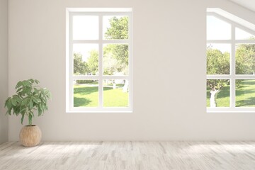 White empty room with summer landscape in window. Scandinavian interior design. 3D illustration