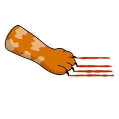 Cat foot. Scratch with blood trail. Aggression and injuries. Evil behavior of pet. Cartoon flat illustration