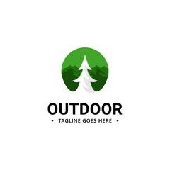 Outdoor adventure logo with pine and mountain design