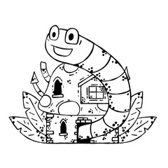 Mushroom house with funny caterpillar. Fairy tale children drawing. Fabulous natural dwelling with cute worm. Fun coloring book