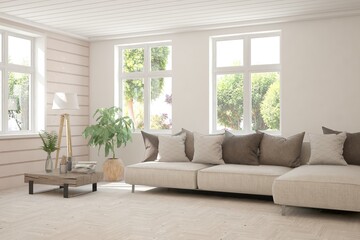 Minimalist living room in white color with sofa and summer landscape in window. Scandinavian interior design. 3D illustration