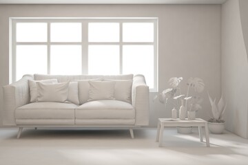 Mock up of stylish room in white color with sofa. Scandinavian interior design. 3D illustration