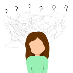 A young girl in a state of depression, confused in the situation. Nervous breakdown. The concept of depression and frustration. Vector illustration.