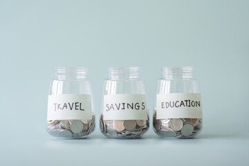 Coins in jar for savings, travel, education. Save money in glass jars purpose writing and attach at front.