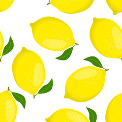 Yellow lemons and green leaves on white. Seamless pattern with whole citruses. Fresh fruits background. Vector flat illustration.