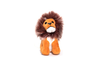 Cuddly lion toy isolated on white background.
