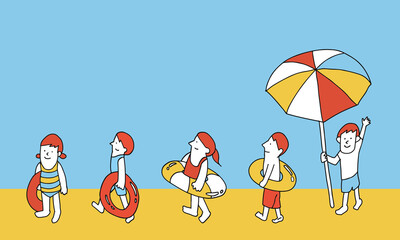浮き輪を持ってプールに行く子供たちのイラストレーションフレーム