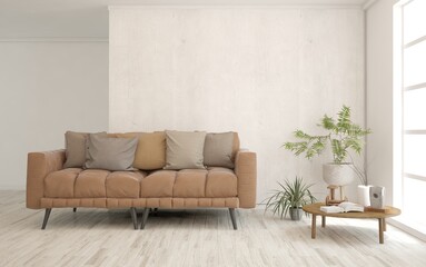 White living room with sofa. Scandinavian interior design. 3D illustration