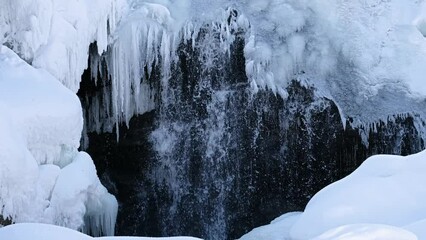 Video of frozen waterfall on river Pescherka in winter season.  Siberia, Russia