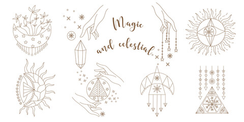 Vector set of magic and sky elements designed in doodle style, brown lines on white background for card. Digital printing, scrapbooks, tattoos, t-shirt designs, stickers, and more.