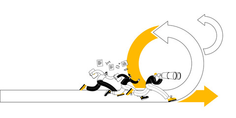 A man with a laptop runs along the arrow. Vector illustration on the topic of agile methodology. - obrazy, fototapety, plakaty