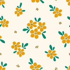 Obraz premium Simple floral vector seamless pattern. Golden ocher flowers, leaves on a light background. For fabric prints, textiles, clothing. Spring-summer collection.
