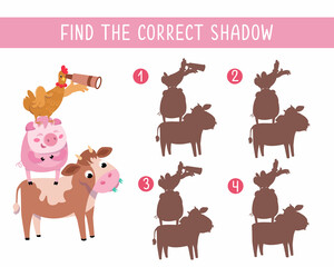 Find the correct shadow. Game for children. Activity, color vector illustration. Cute farm animals.