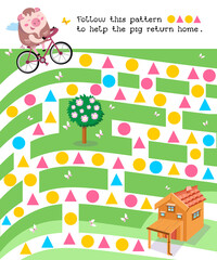 Maze game, activity for children. Game for children. Help animal to return home. Laughing cute pig on bike. Vector illustration.