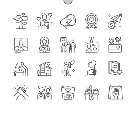 Volunteers. Donate and kindness. Humanitarian aid. Volunteers Day. Volunteer center. Pixel Perfect Vector Thin Line Icons. Simple Minimal Pictogram