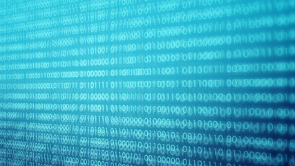 Naklejka premium power of big data. binary code information bit on computer monitor screen display. Led light text number one and zero. blur defocus blue bokeh light. technology graphic design background concepts